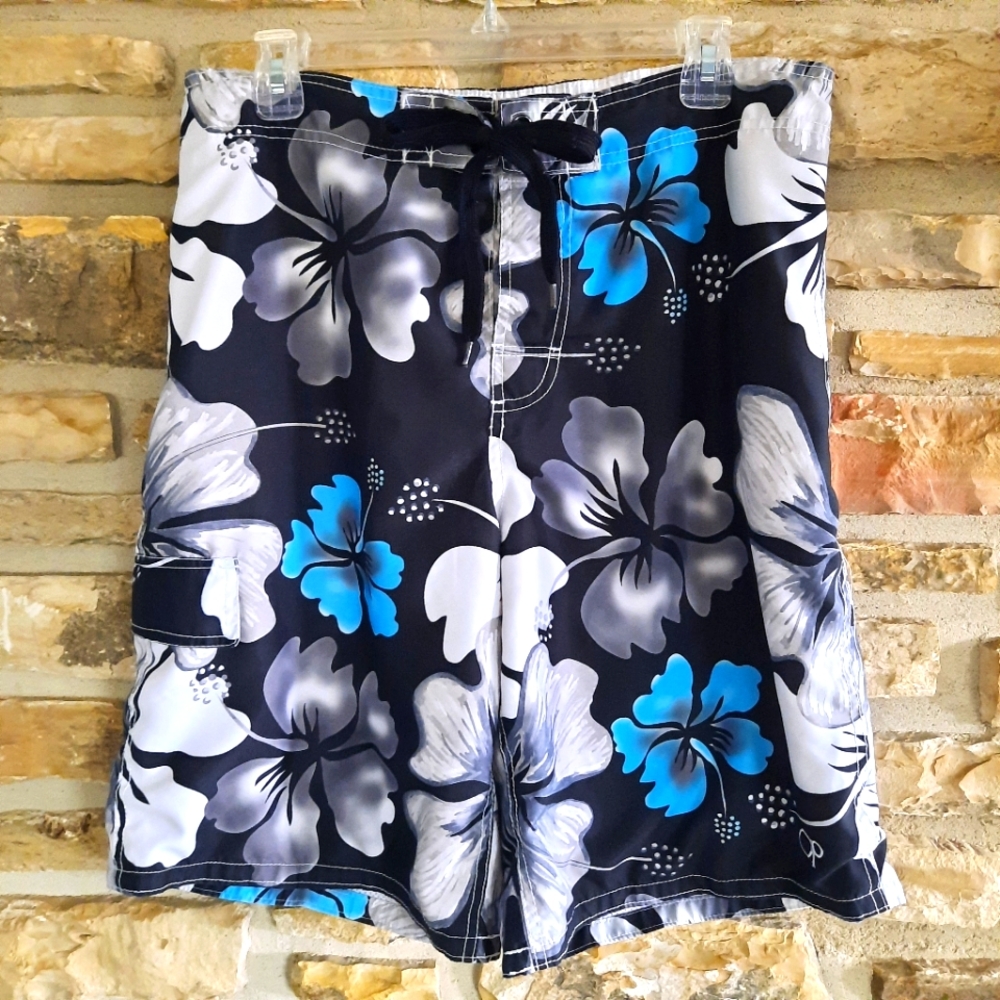 OP Ocean Pacific Board Shorts Swim Trunks Mens Med 32/34 Floral Blue Black Logo